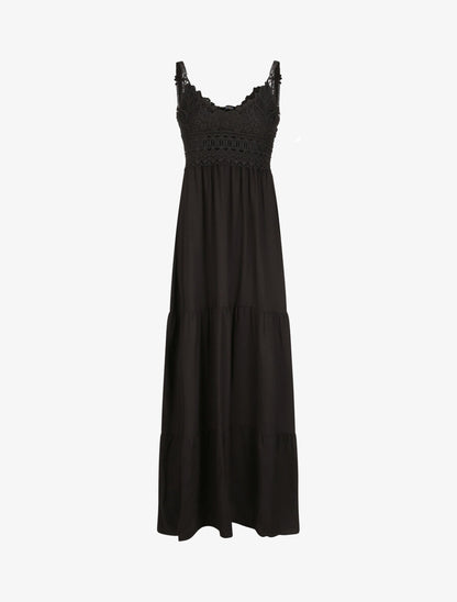 Robe longue empire à col V en dentelle - Noir - 4