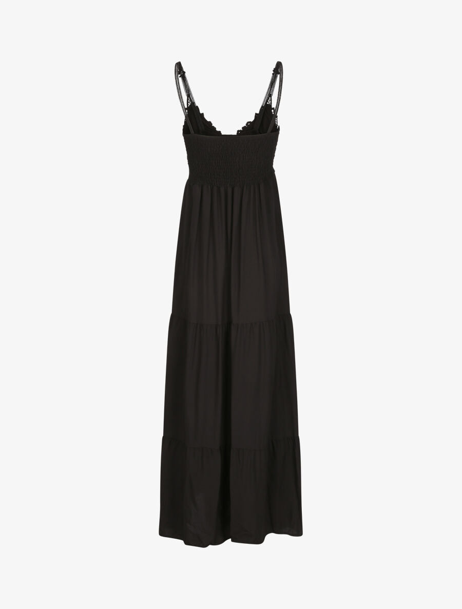 Robe longue empire à col V en dentelle - Noir - 2