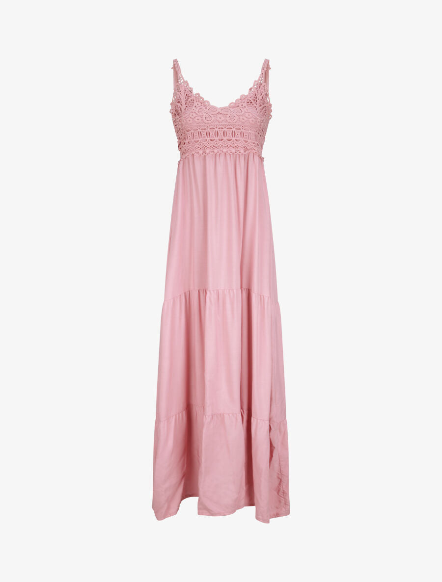 Robe longue empire à col V en dentelle - Rose - 1
