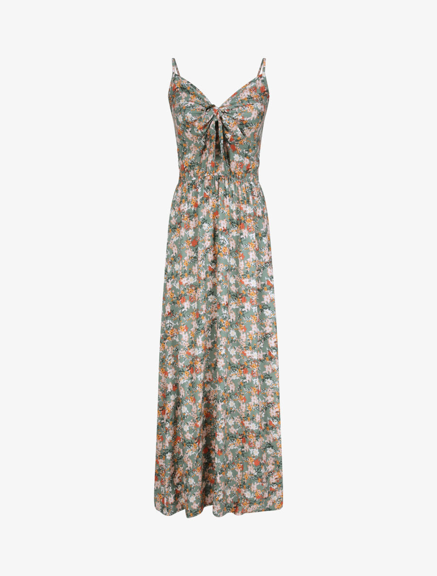 Robe longue imprimé multi-fleurs coupe empire - Kaki - 1