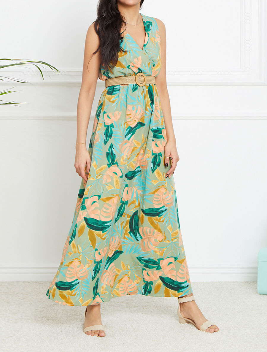 Robe longue empire sans manches imprimé tropical - Vert olive - 4
