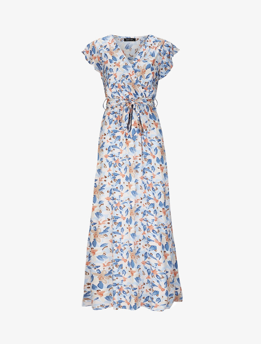 Robe longue empire à épaules volantées imprimé aquarelle florale - Bleu clair - 1