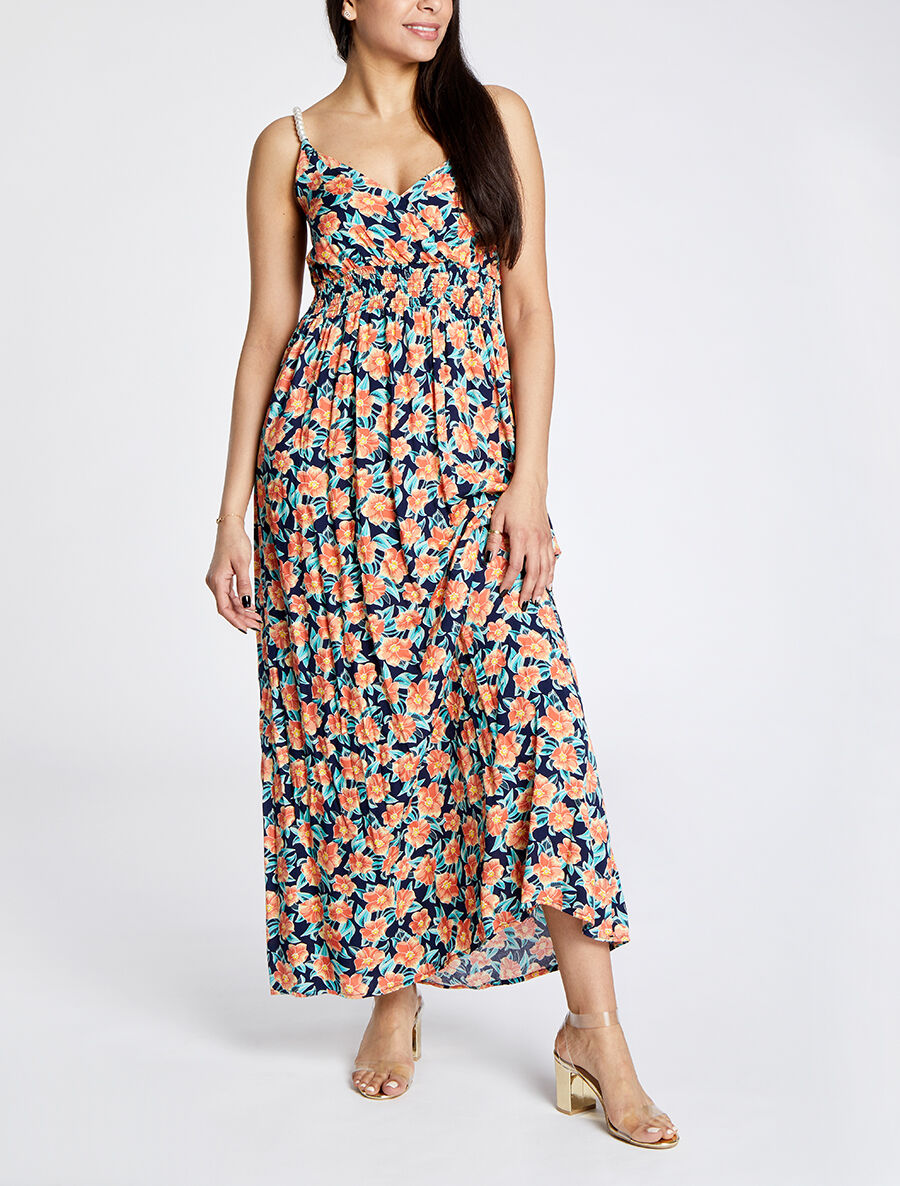 Robe longue empire imprimé fleurs tropicales à bretelles à perles - Marine - 4