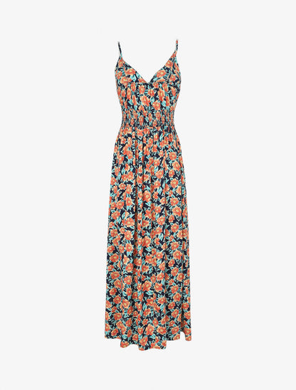 Robe longue empire imprimé fleurs tropicales à bretelles à perles - Marine - 2