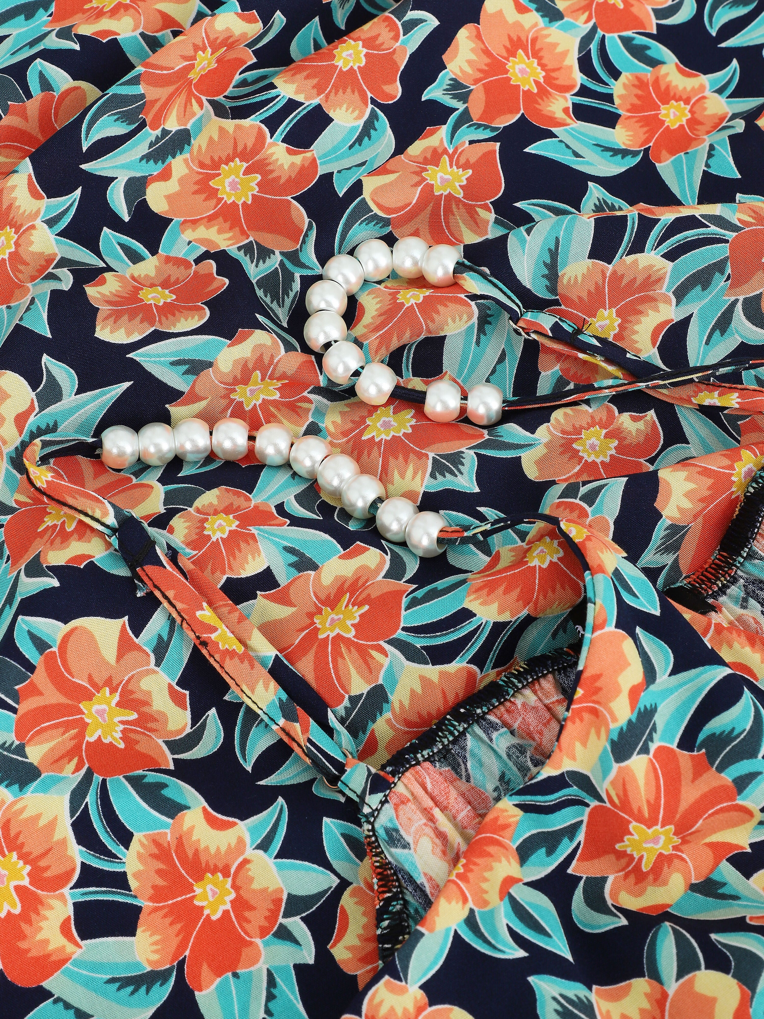 Robe longue empire imprimé fleurs tropicales à bretelles à perles - Marine - 3