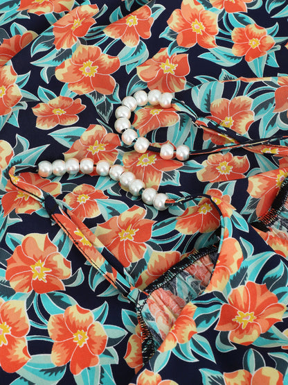 Robe longue empire imprimé fleurs tropicales à bretelles à perles - Marine - 3