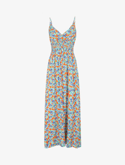 Robe longue empire imprimé fleurs tropicales à bretelles à perles - Orange - 4