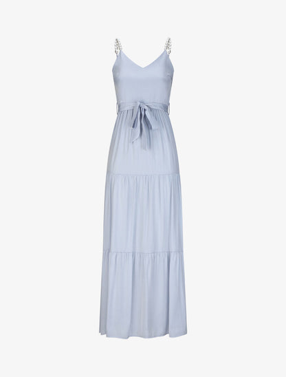 Robe longue empire unie à bretelles à perles - Bleu clair - 1