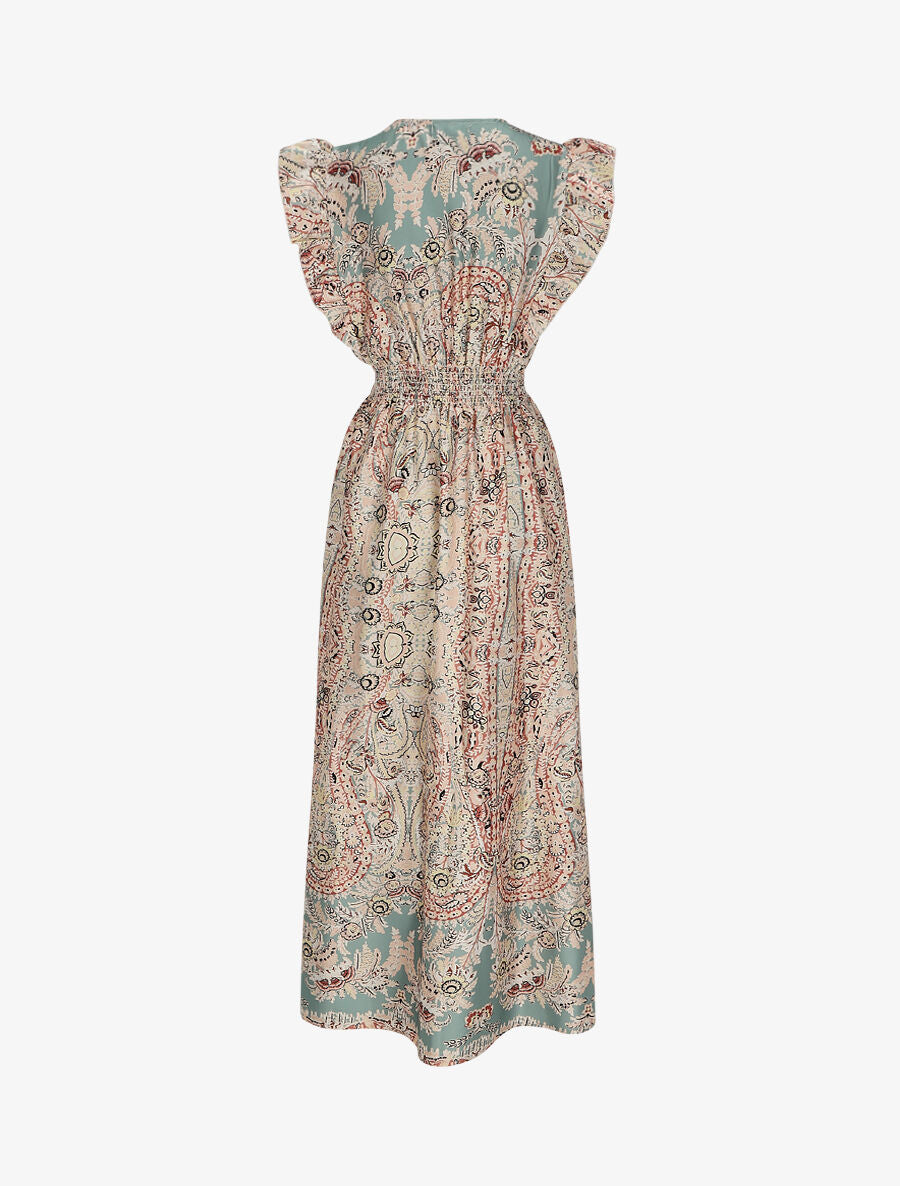 Robe longue empire satinée imprimé cachemire stylisé - Vert d&