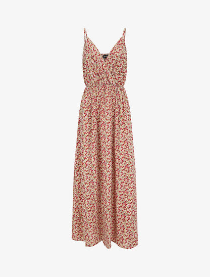 Robe longue empire imprimé fleuri à fines bretelles - Beige - 1