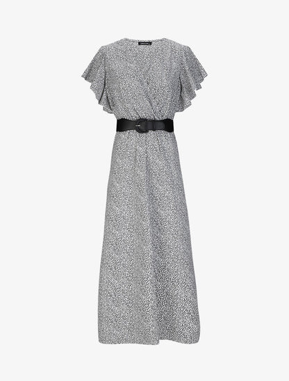 Robe longue empire imprimé fleurs à manches volantées - Blanc - 5
