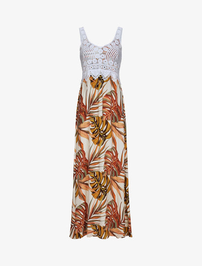 Robe longue imprimé feuilles exotiques et crochet - Beige - 4