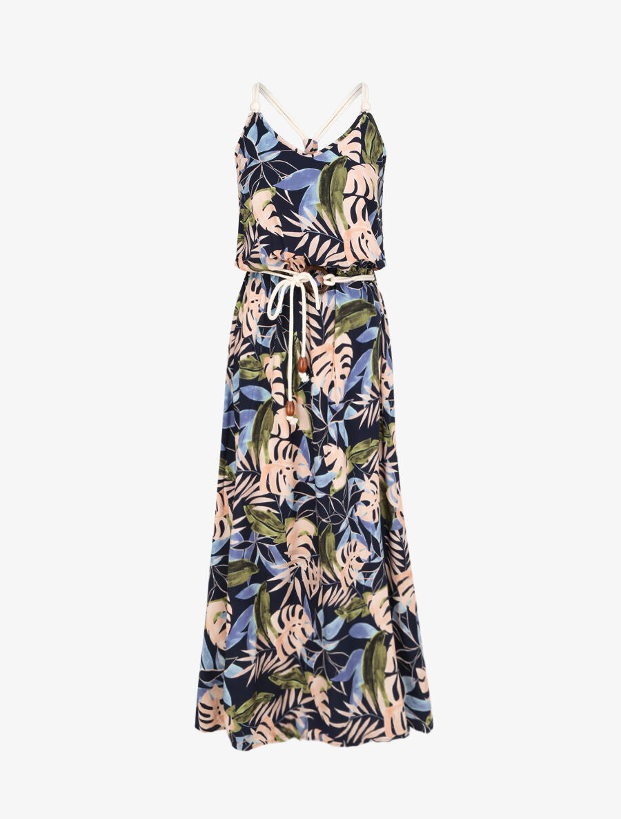 Robe longue imprimé feuilles tropicales à bretelles en cordelettes - Marine - 1