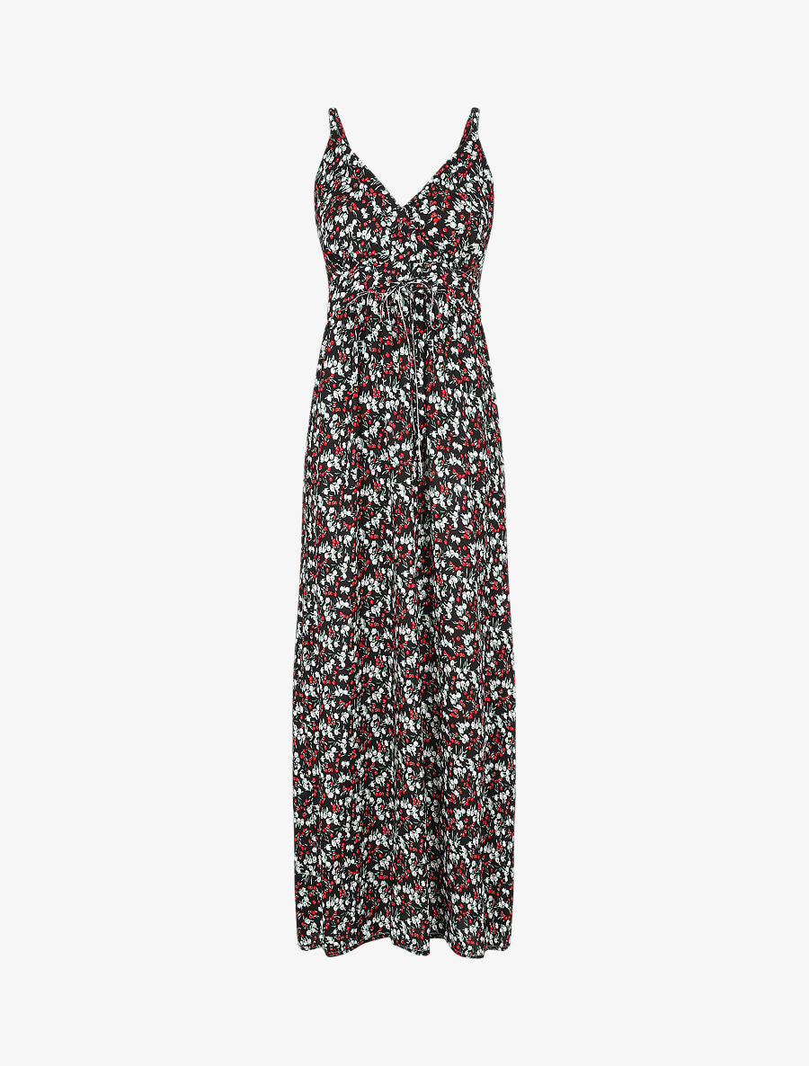 Robe longue cintrée imprimée petites fleurs printanières - Noir - 1