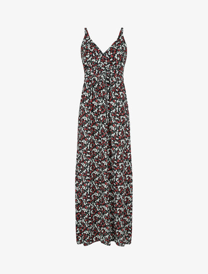 Robe longue cintrée imprimée petites fleurs printanières - Noir - 1