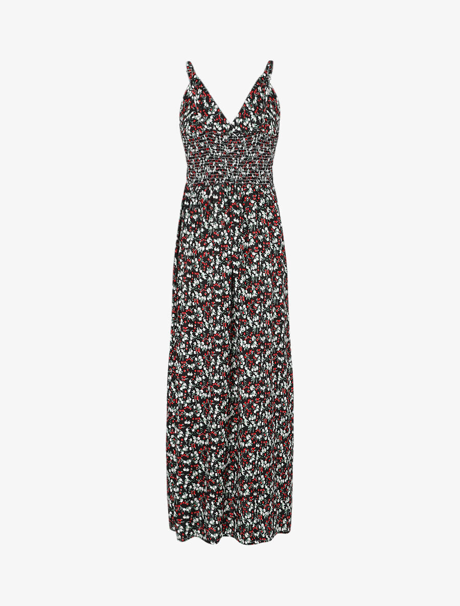 Robe longue cintrée imprimée petites fleurs printanières - Noir - 2