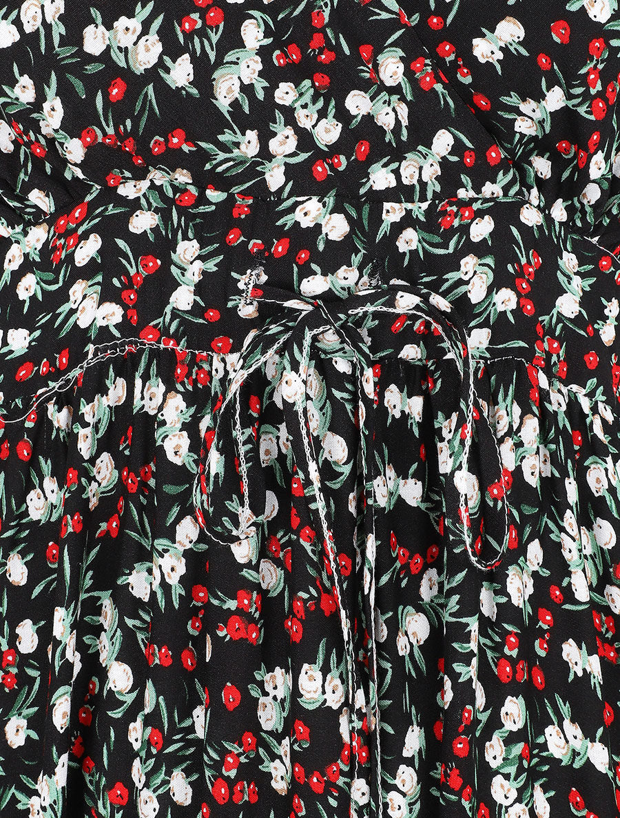 Robe longue cintrée imprimée petites fleurs printanières - Noir - 3