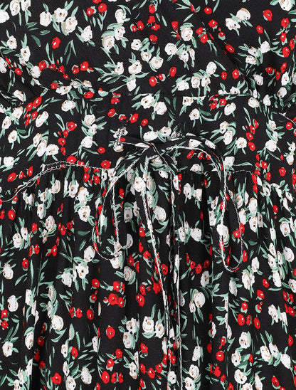 Robe longue cintrée imprimée petites fleurs printanières - Noir - 3