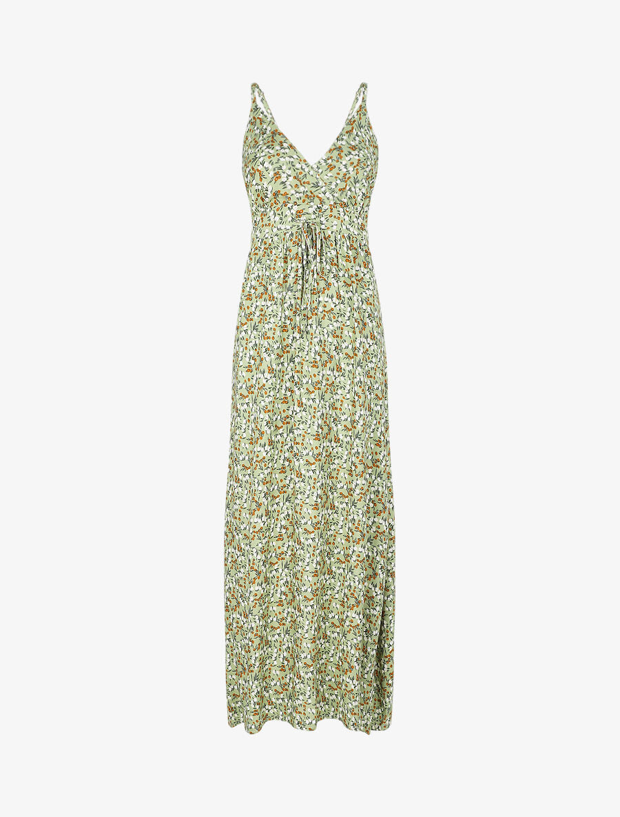 Robe longue cintrée imprimée petites fleurs printanières - Kaki - 4