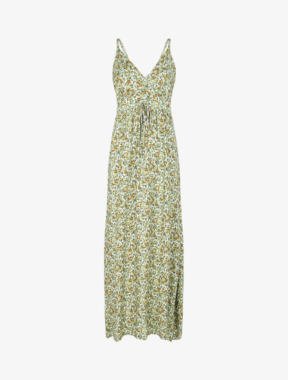 Robe longue cintrée imprimée petites fleurs printanières - Kaki - 4