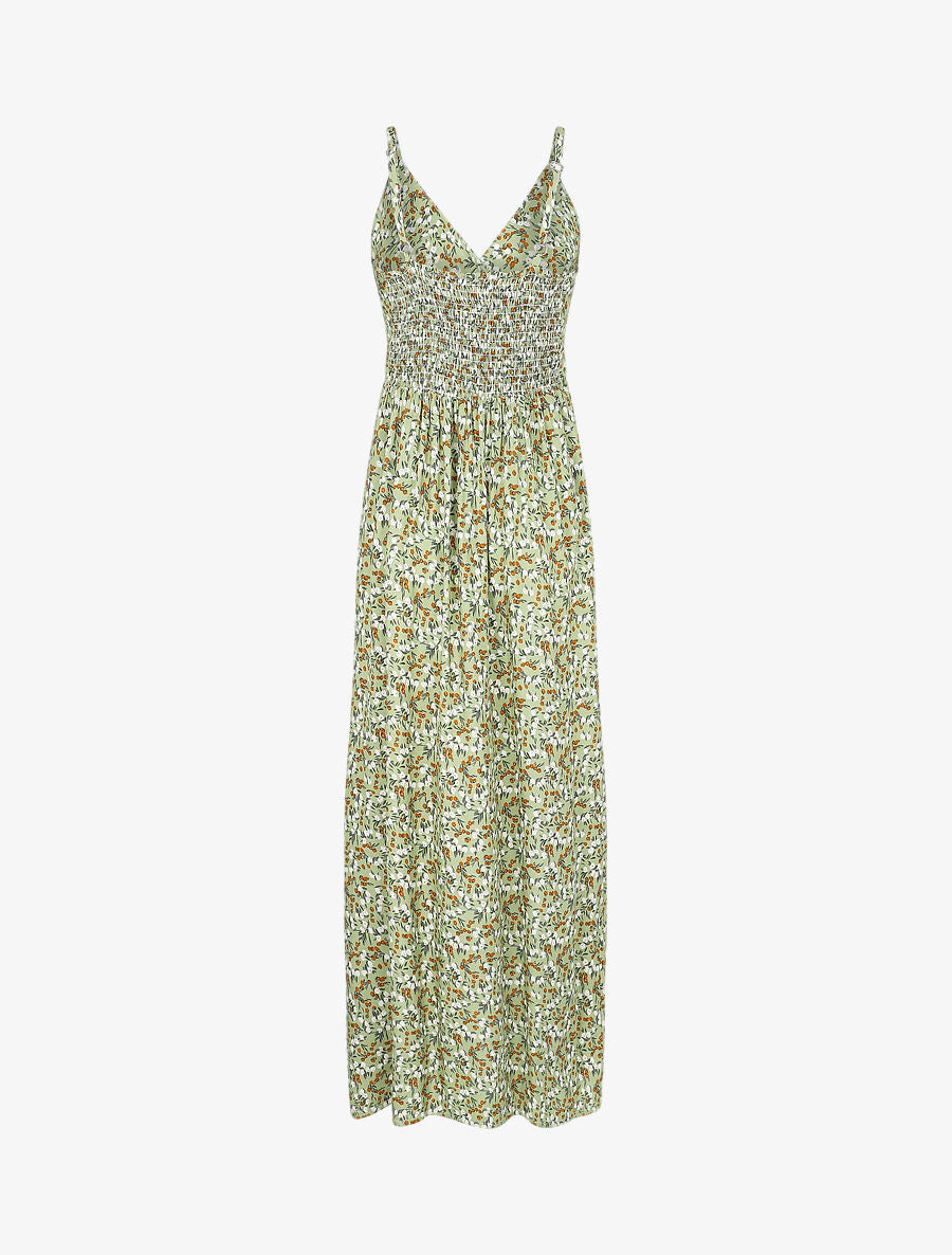 Robe longue cintrée imprimée petites fleurs printanières - Kaki - 2