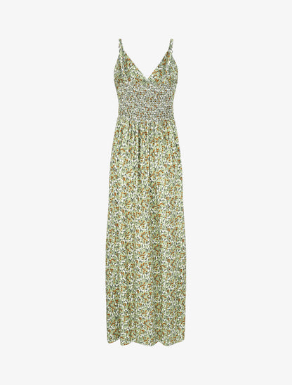 Robe longue cintrée imprimée petites fleurs printanières - Kaki - 2