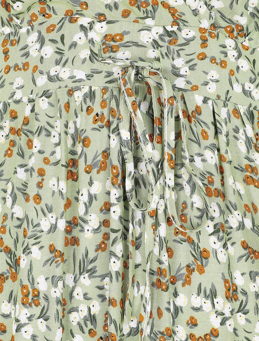 Robe longue cintrée imprimée petites fleurs printanières - Kaki - 3