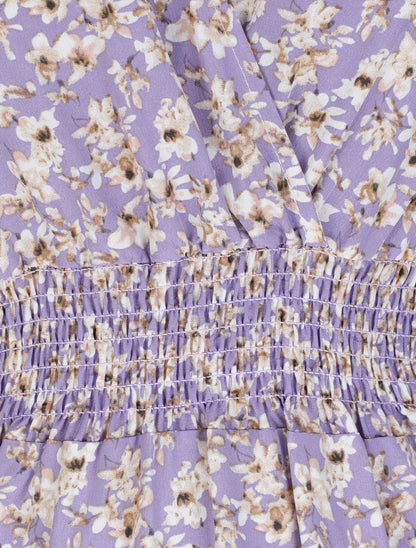Robe longue empire à épaules volantées imprimé fleurs de cerisier - Lilas - 3