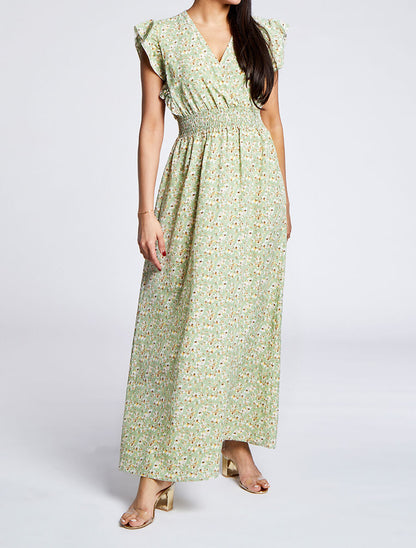 Robe longue empire à épaules volantées imprimé fleurs de cerisier - Vert - 4