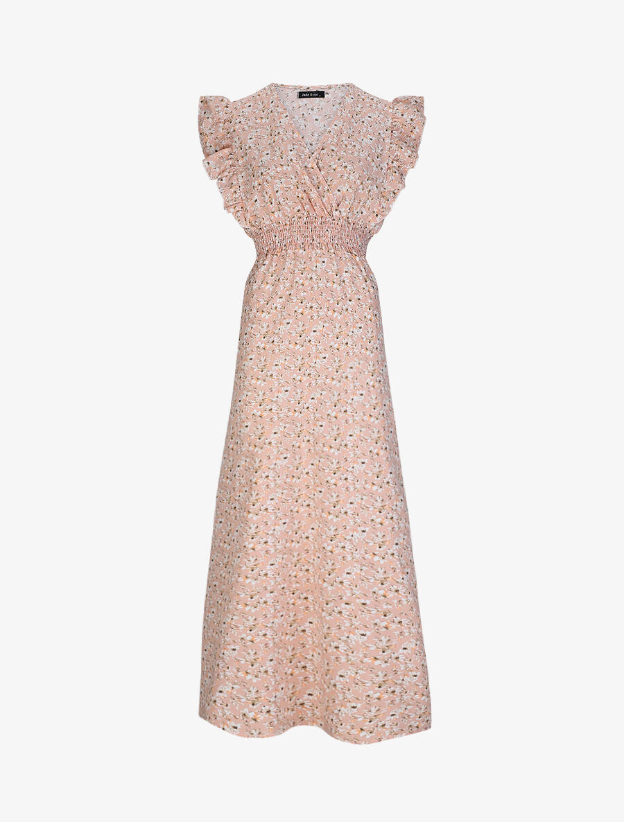 Robe longue empire à épaules volantées imprimé fleurs de cerisier - Rose - 1