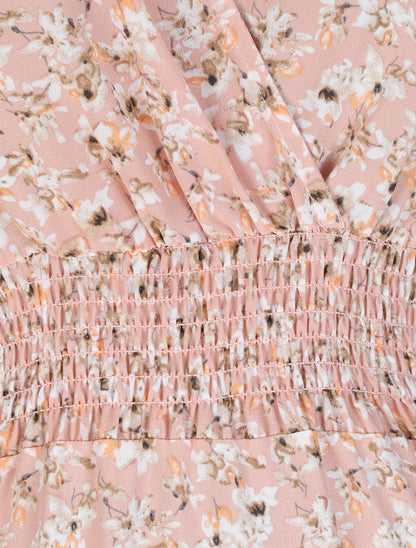 Robe longue empire à épaules volantées imprimé fleurs de cerisier - Rose - 3