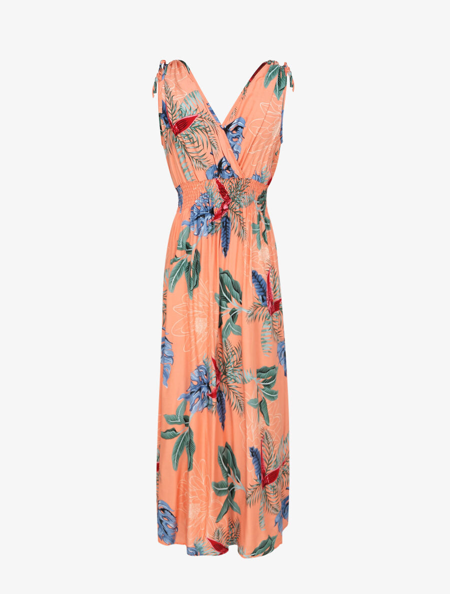Robe longue cintrée imprimé grandes fleurs tropicales - Rose saumon - 3