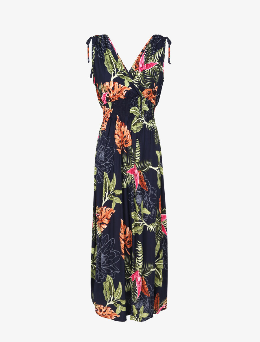 Robe longue cintrée imprimé grandes fleurs tropicales - Marine - 1