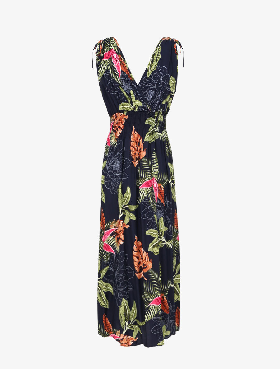 Robe longue cintrée imprimé grandes fleurs tropicales - Marine - 2