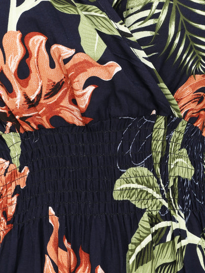 Robe longue cintrée imprimé grandes fleurs tropicales - Marine - 3