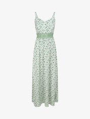 Robe longue imprimée petites fleurs à boutons décoratifs - Vert - 4