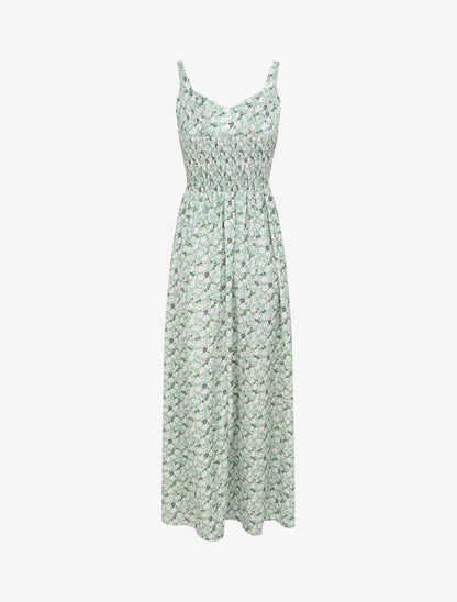 Robe longue imprimée petites fleurs à boutons décoratifs - Vert - 2