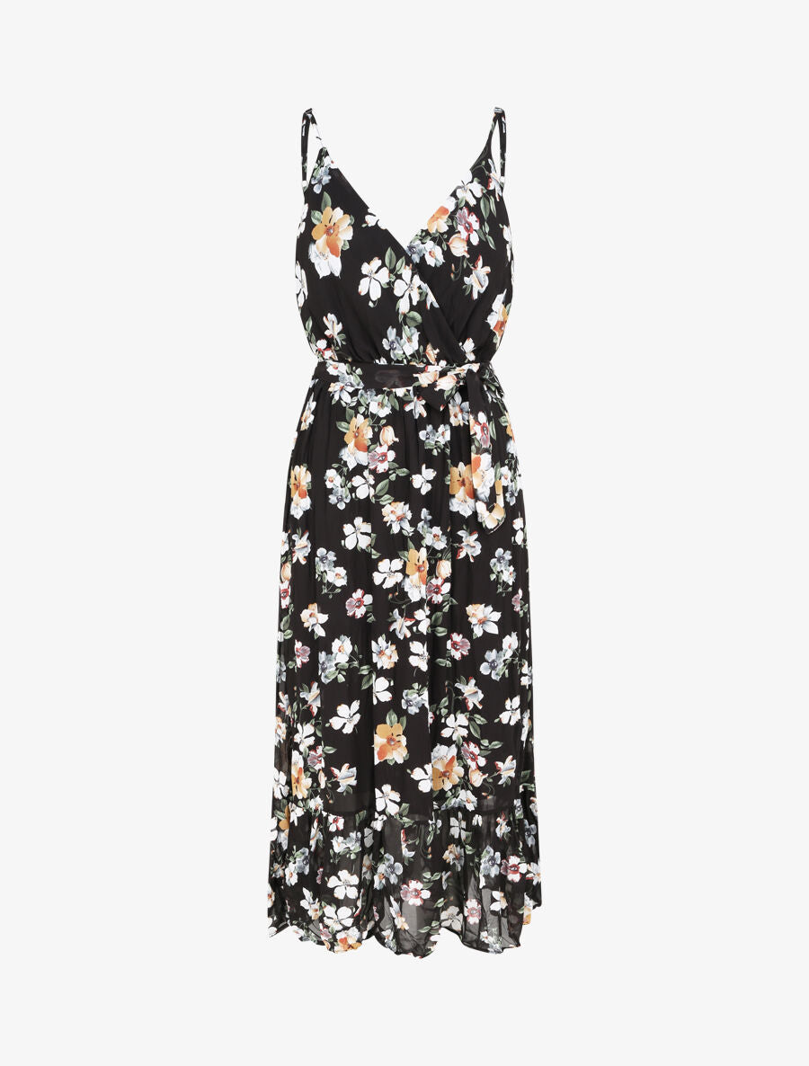 Robe longue cintrée imprimé fleurs - Noir - 1