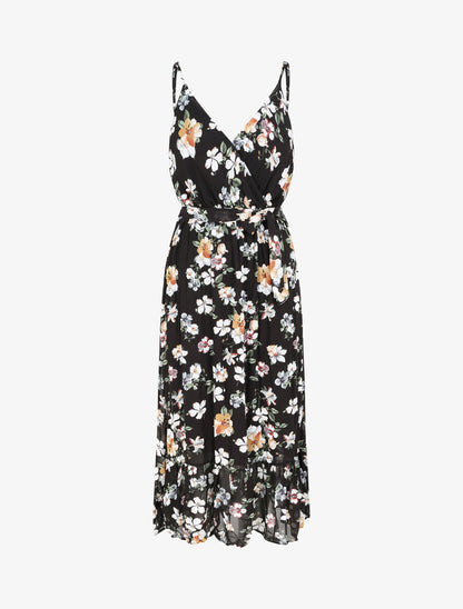 Robe longue cintrée imprimé fleurs - Noir - 1