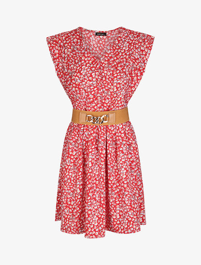 Robe à col V boutonné - Rouge - 1