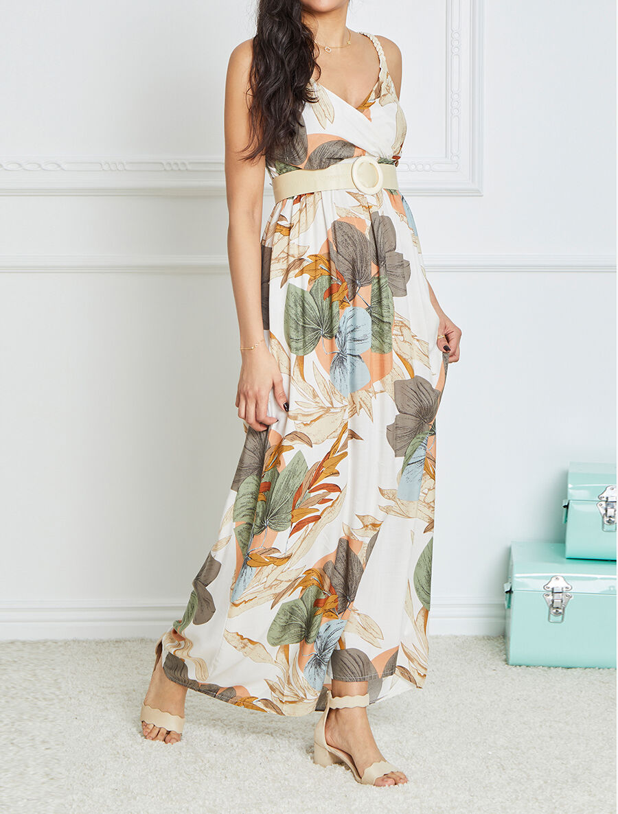 Robe longue empire imprimé végétal à bretelles tressées - Écru - 4