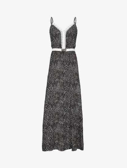 Robe longue patineuse à col dentelle et imprimé moucheté - Noir - 1