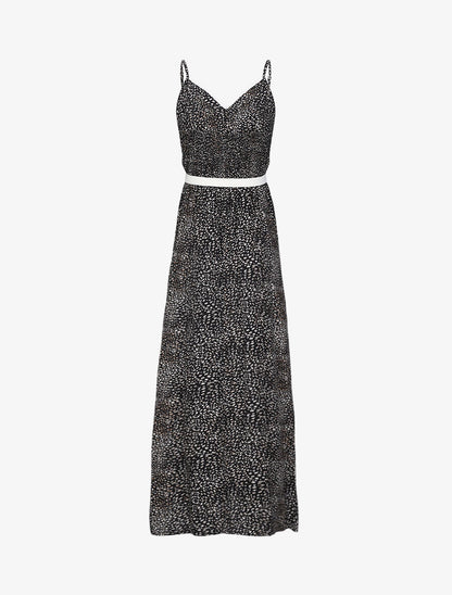 Robe longue patineuse à col dentelle et imprimé moucheté - Noir - 2
