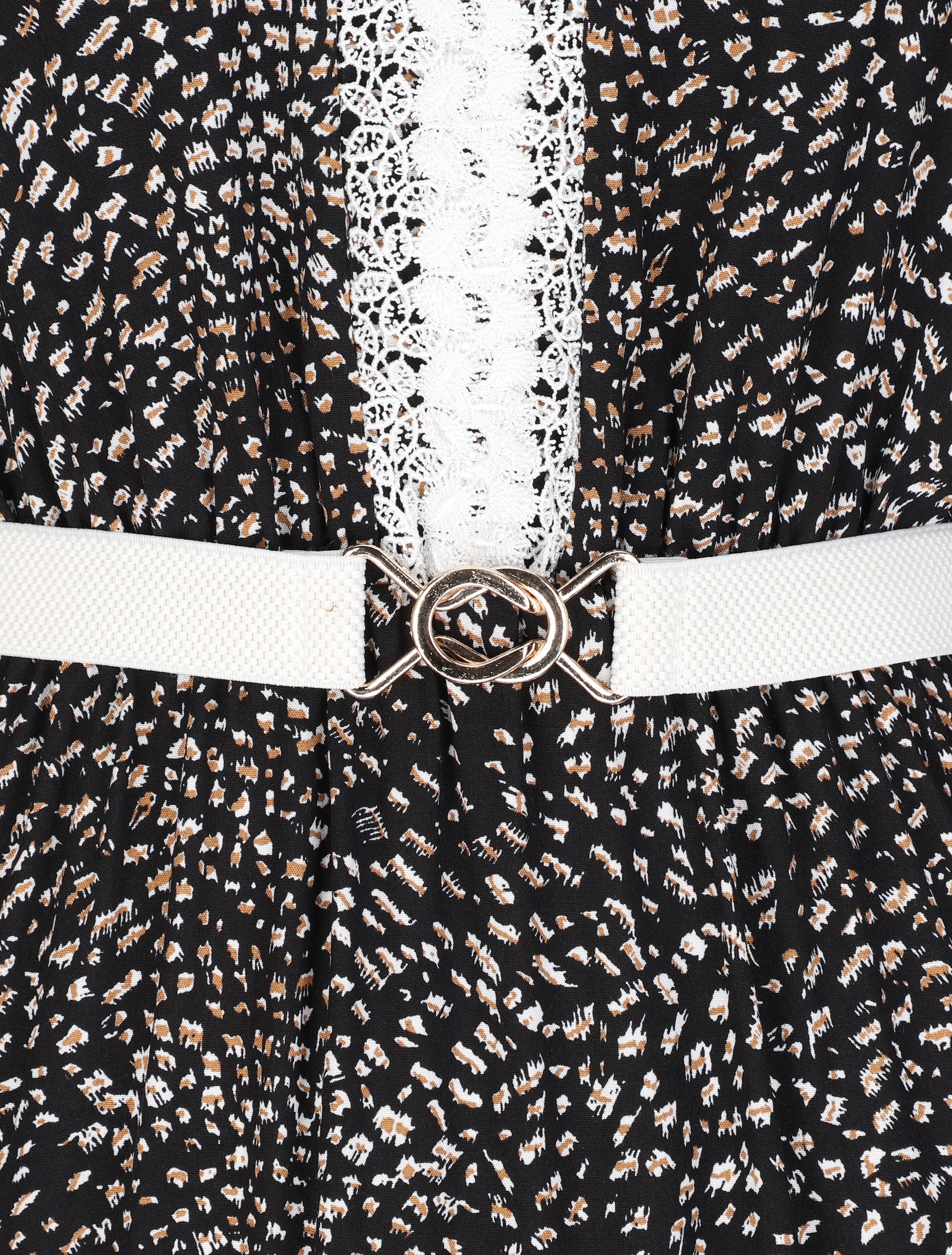 Robe longue patineuse à col dentelle et imprimé moucheté - Noir - 3