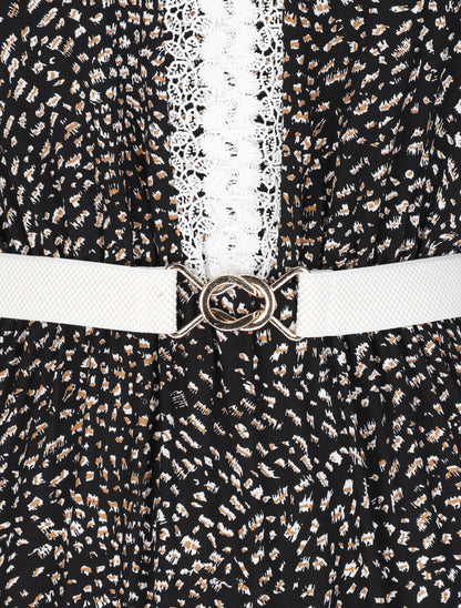 Robe longue patineuse à col dentelle et imprimé moucheté - Noir - 3