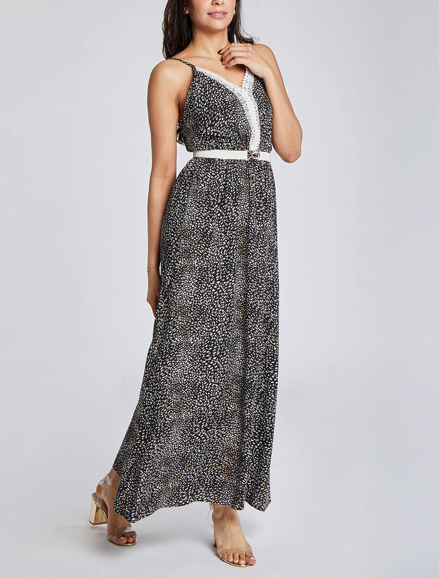Robe longue patineuse à col dentelle et imprimé moucheté - Noir - 4