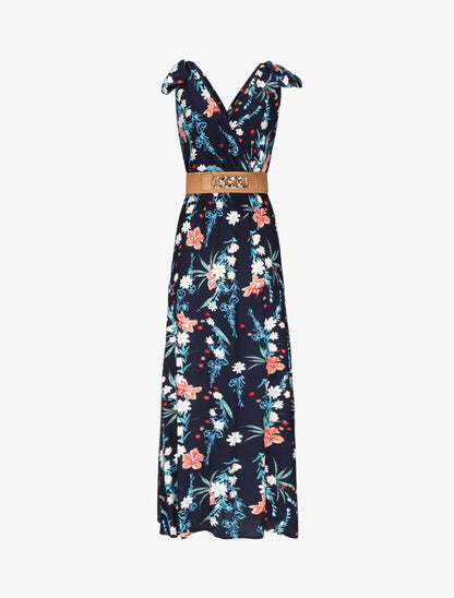Robe longue empire à col cache-coeur imprimé bouquet fleuri - Marine - 5