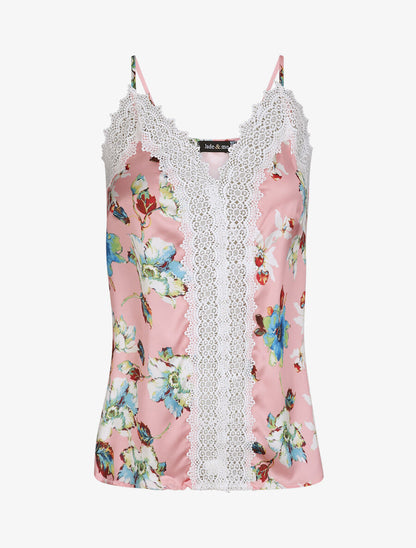 Caraco satiné à dentelle ajourée - Rose - 5