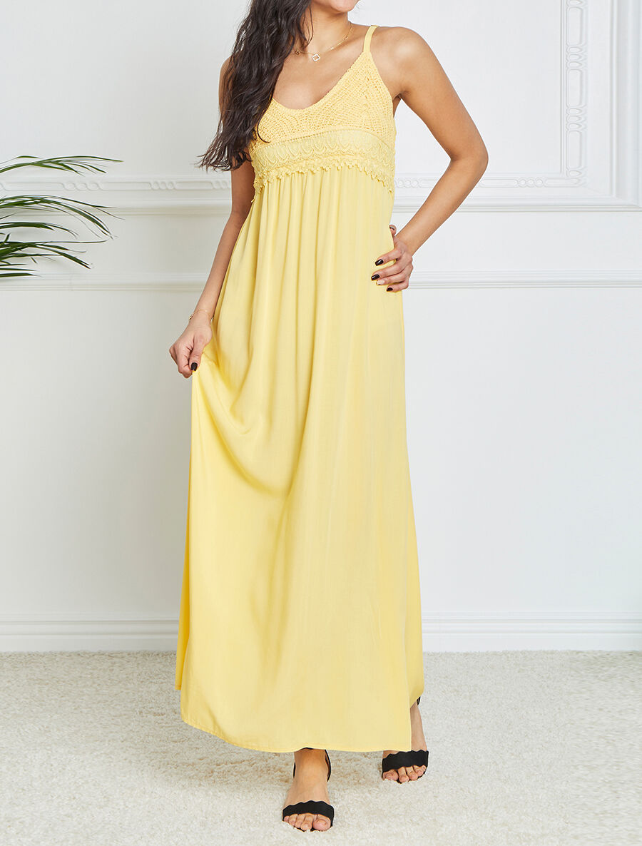 Robe longue empire unie à buste en crochet - Jaune - 4