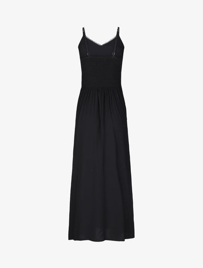 Robe longue évasée unie à taille en crochet - Noir - 2